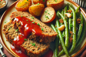 Meatloaf with Potato Wedges, Green Beans, & Gravy