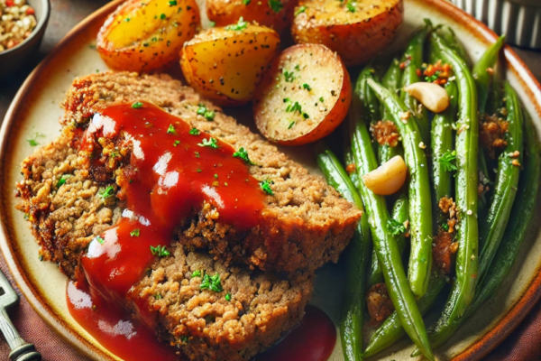 Meatloaf with Potato Wedges, Green Beans, & Gravy