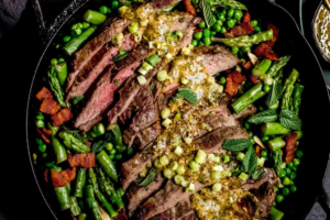 Seared Steak with Roasted Asparagus, Sugar Snap Peas, & Bordelaise Sauce