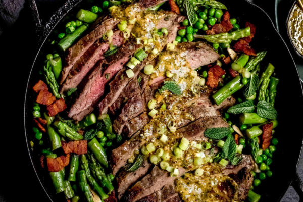 Seared Steak with Roasted Asparagus, Sugar Snap Peas, & Bordelaise Sauce